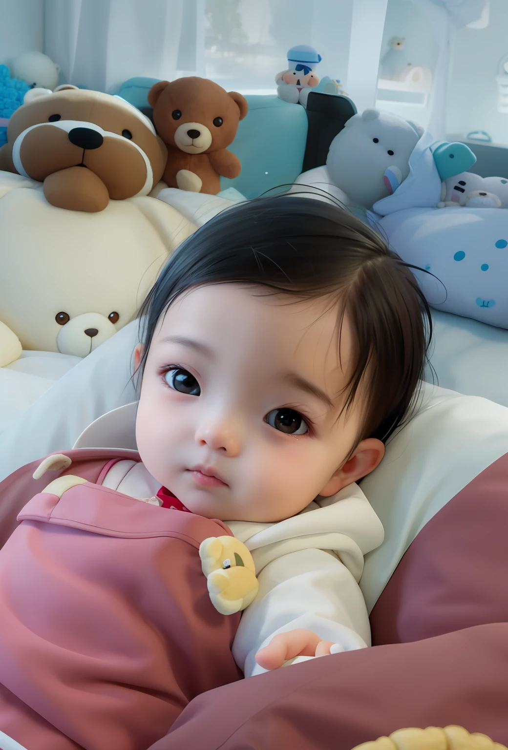 There was a baby and a teddy bear lying on the bed, Ruan cute vtuber, dang my linh, beautiful lovely, ruan jia beautiful!, She has a cute face, nivanh chanthara, young cute wan asian face, cute beautiful,, Full head