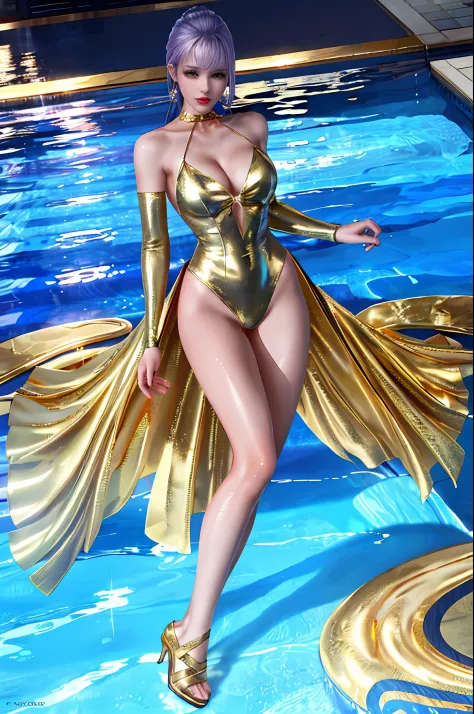 Best Quality, Best Quality, 8K Quality, 1 Girl, Full Body, fiona, face focus, eyelashes, Gold Metallic, night, evening dress, Crotch Penetration, Gold Metallic Pin Heels, posing, gravure, Staring at Viewer, Facing the Viewer, cleavage, (( Frontal shot)), p...