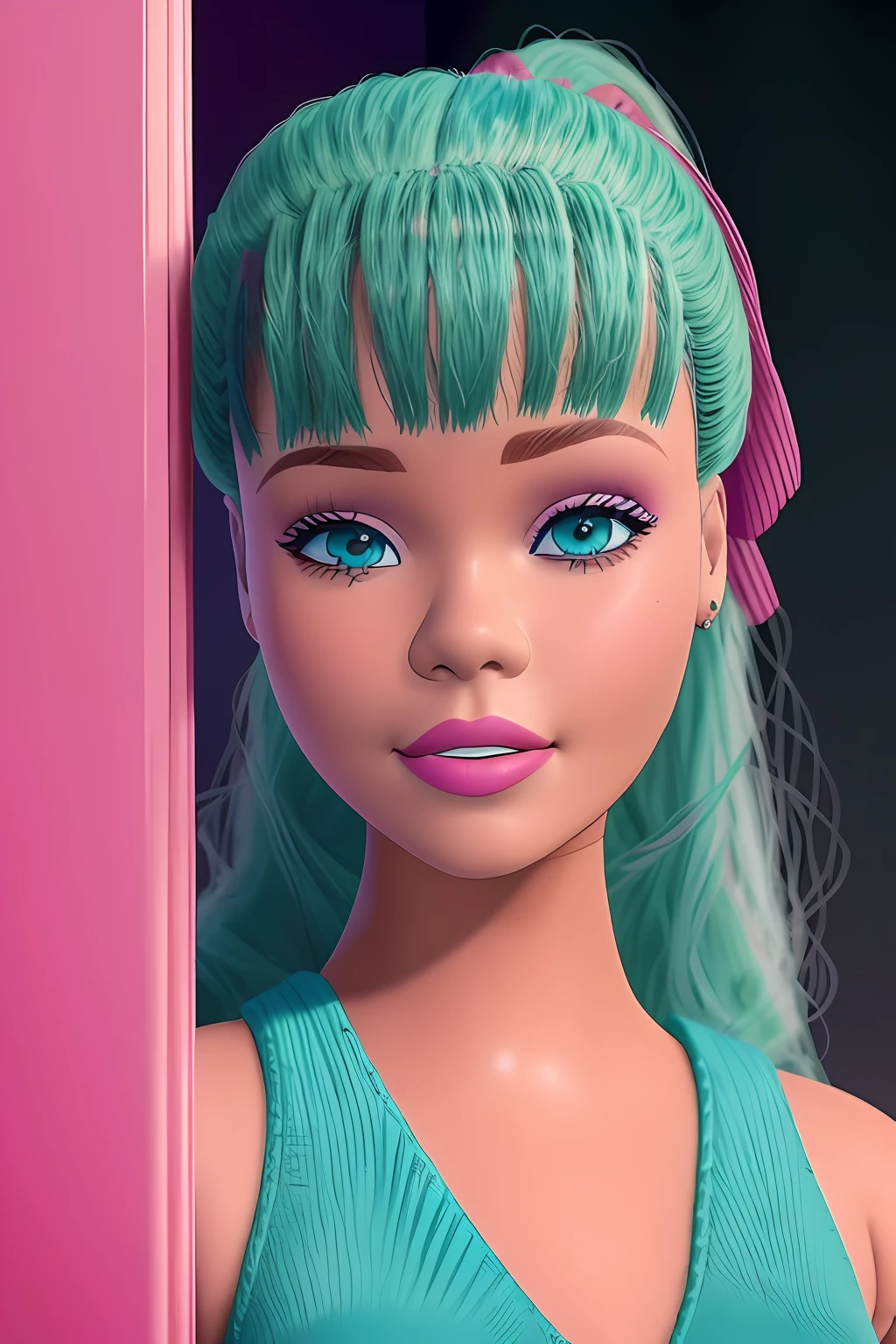 Barbie doll with green hair and blue eyes standing next to a pink wall -  SeaArt AI