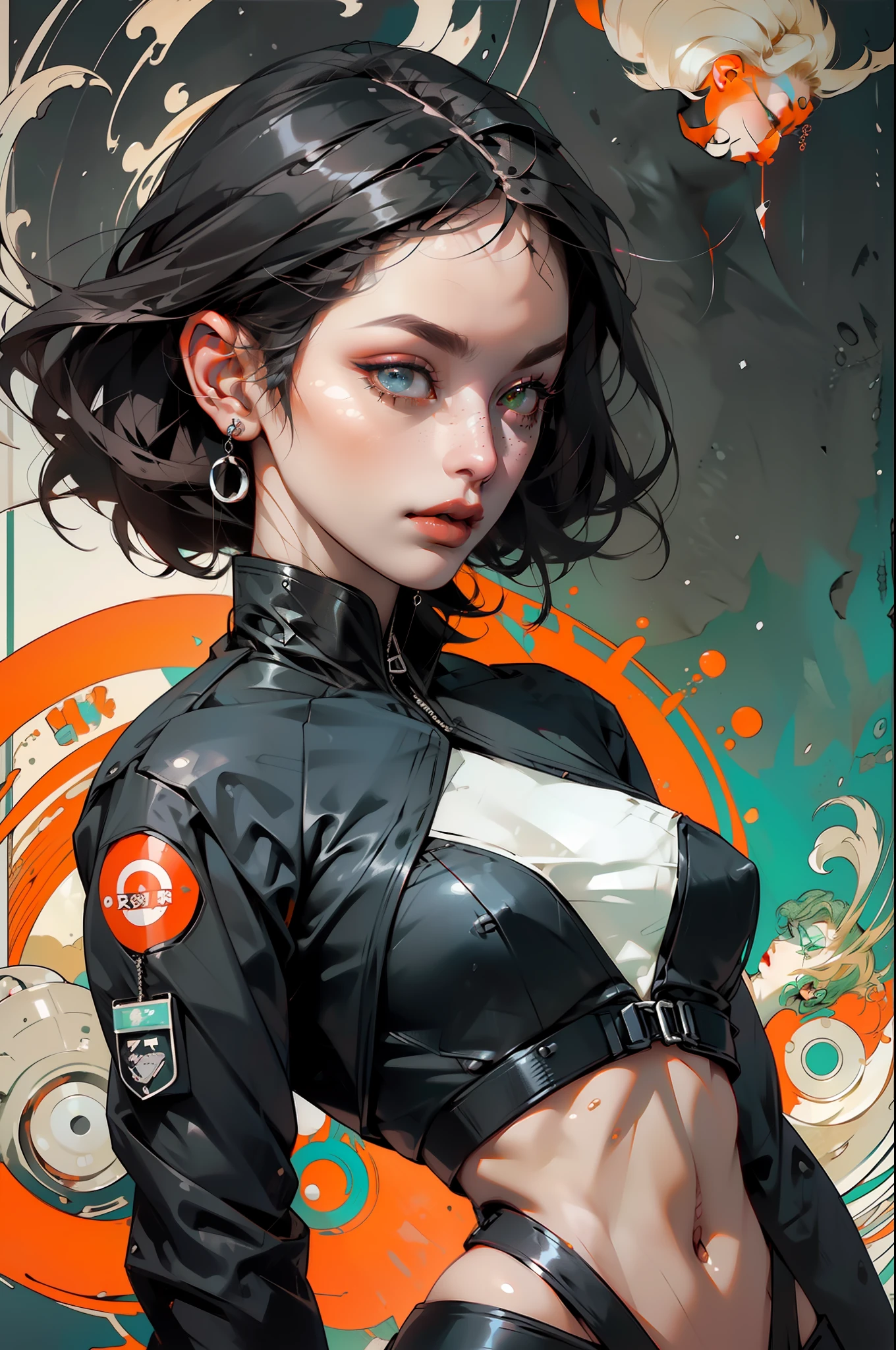 orange, Pink, offwhite, Unripe, (black hair woman (with heavy bangs covering the forehead)), tattoo's, (techwear clothes: 1.1), abstract lines and background circles, fully body