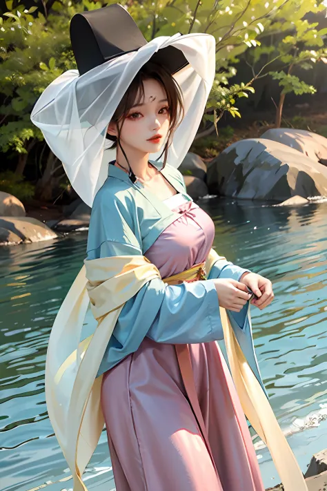 1girl, weimao hat, masterpiece, best quality, 8k river, big and beautiful breasts