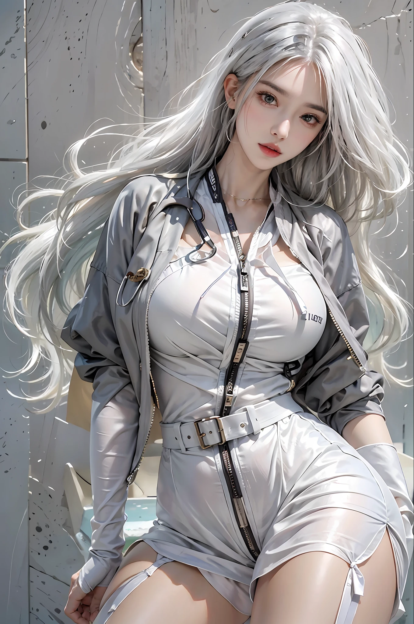 photorealistic, high resolution, 1women, solo, hips up, look at viewer, (detailed face), white hair, long hair, doctor outfit, stockings