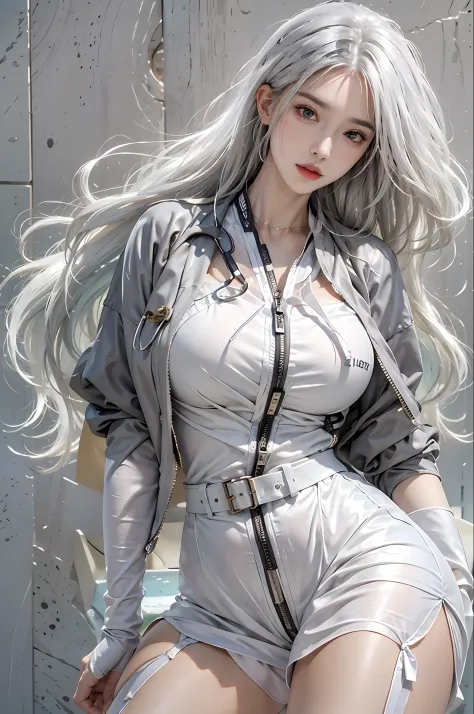 photorealistic, high resolution, 1women, solo, hips up, look at viewer, (detailed face), white hair, long hair, doctor outfit, s...