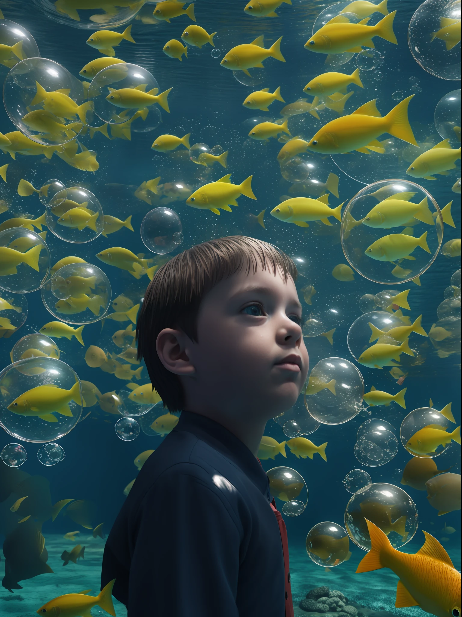 Eine Unterwasserszene, in der Fische schwimmen, im Stil von René Magritte, Ein Kind schaut verwundert aus seiner Blase zu, bunte Blasen, Nahaufnahme des Kindes inmitten dieser surrealen Szene, Gerendert von Alec Soth mit Unreal Engine 5, Luminismus, filmische Beleuchtung, Retina, Strukturierte Haut, anatomisch korrekt, beste Qualität, preisgekrönt