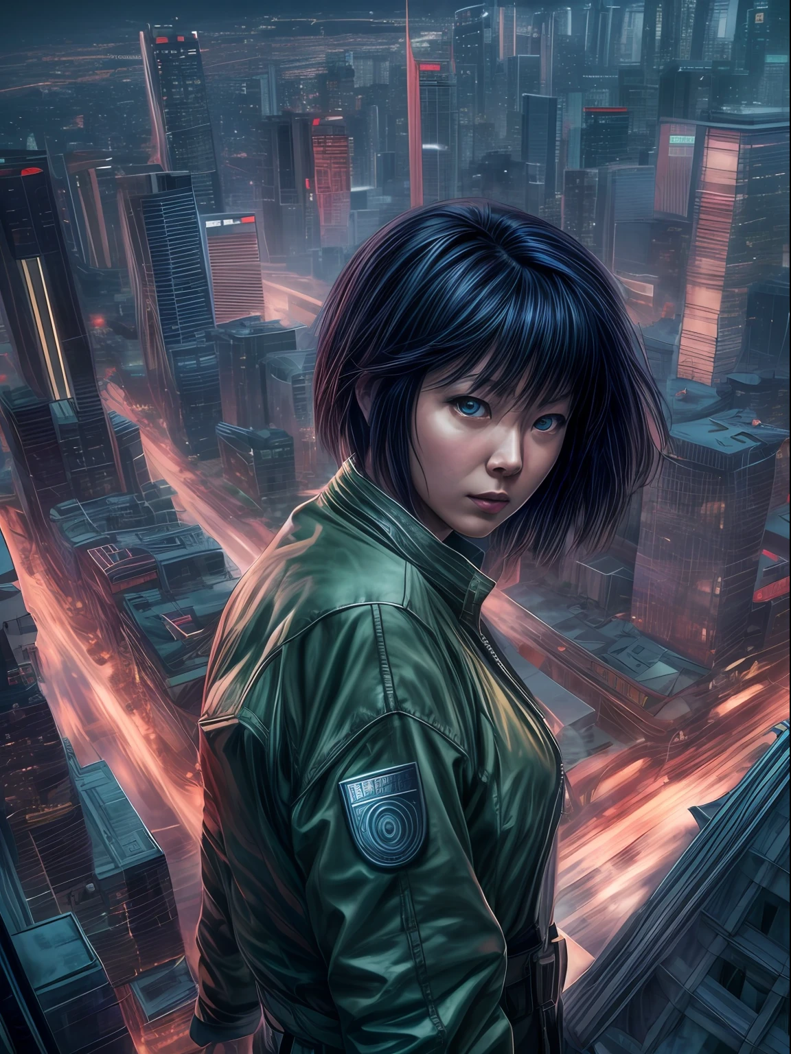 Une taille de peinture numérique couleur photoréaliste cinématographique du major Motoko Kusanagi du détective de cybercriminalité de l&#39;anime Ghost in the Shell scrute la ville depuis la tour de la ville., Visage détaillé, incroyablement détaillé et complexe, net, net et clair, éclairage volumétrique, Ultra haute résolution, chef d&#39;oeuvre hyper réaliste de Shirow Masamune, Scène cinématographique de Hiromasa Ogura, centré, Étalonnage professionnel des couleurs par Kenneth Hines Jr.