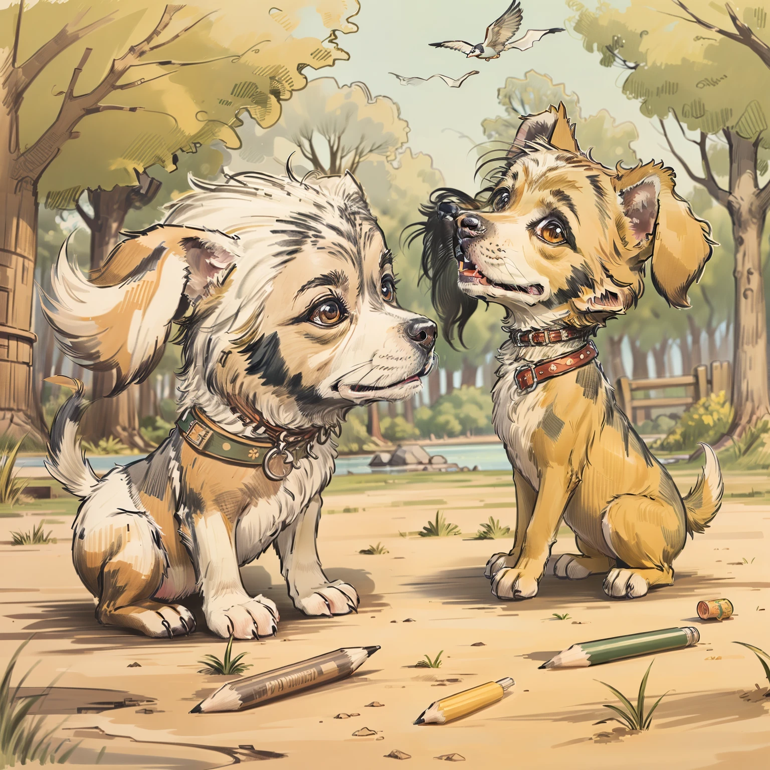 Cartoon Design, pencil sketch style, colored with different shades, representing a dog, playing very happily in a park.