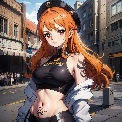 round and brown eyes、Orange hair color、Cute little girl s、medium long straight hairstyle、The stomach is tight、Dressed as a race queen、racing venue、Tattoo of a windmill on the left shoulder、The expression is embarrassed、fold-arms