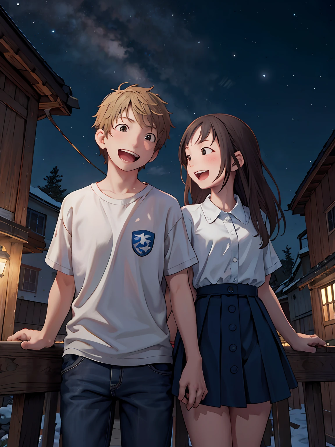 ​masterpiece, top-quality, Teenage couple, nigh sky, The upper part of the body, Laughing