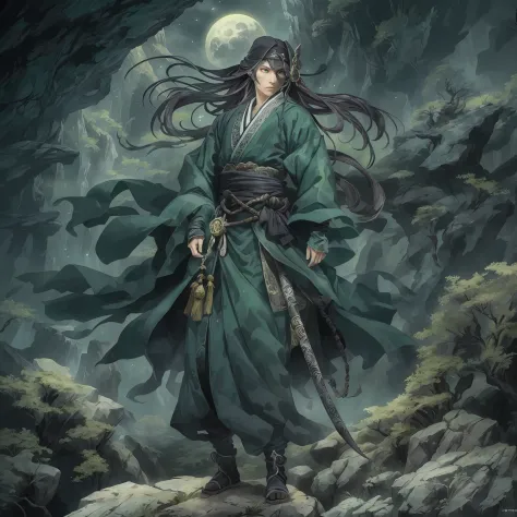 mystic ninja，detailed face，detailed eyes，clear eyes，gui zen，exotic beasts of mountains and seas，dark green and black details, lo...