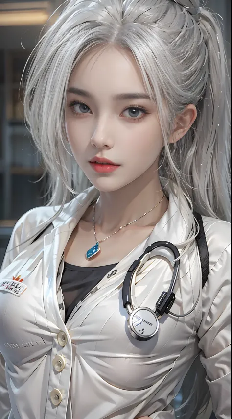 Photorealistic, high resolution, 1womanl, Solo, Hips up, view the viewer, (Detailed face), White hair, Long hair, doctor outfit,...