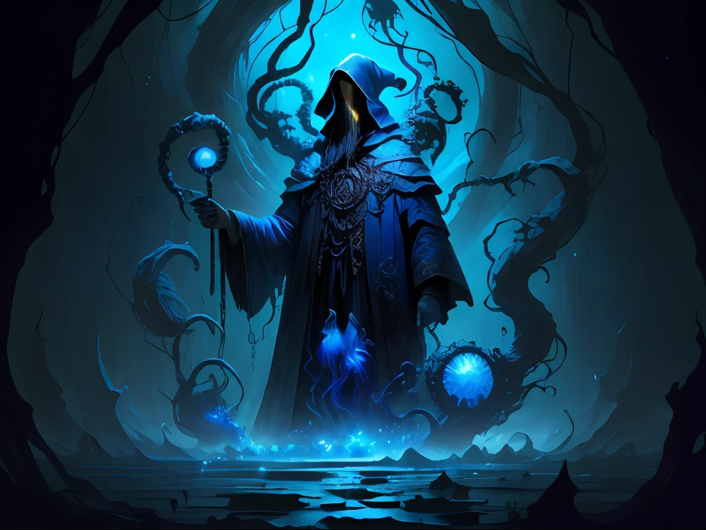 horreur cosmique，Un sorcier terrifiant avec des tentacules，Faux géante à la main，bleu et noir，terroriste，émotions sombres，environnement sombre，Dans le monde sombre des tentacules bleus