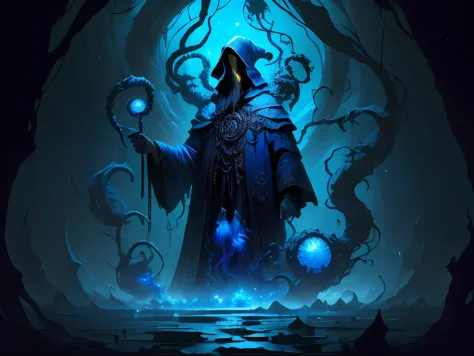 cosmic horror，A terrifying wizard with tentacles，Giant scythe in hand，Blue and black，terroral，Dark emotions，Dark environment，In the dark world of blue tentacles