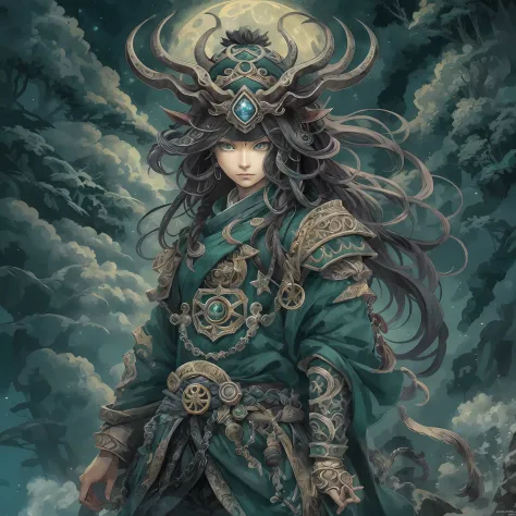 mystic ninja，detailed face，detailed eyes，clear eyes，gui zen，exotic beasts of mountains and seas，dark green and black details, lo...