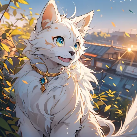 anime cat，Gold and blue eyes，White hair，The ears are blue hairs， very very beautiful furry art。Set against the backdrop of the s...