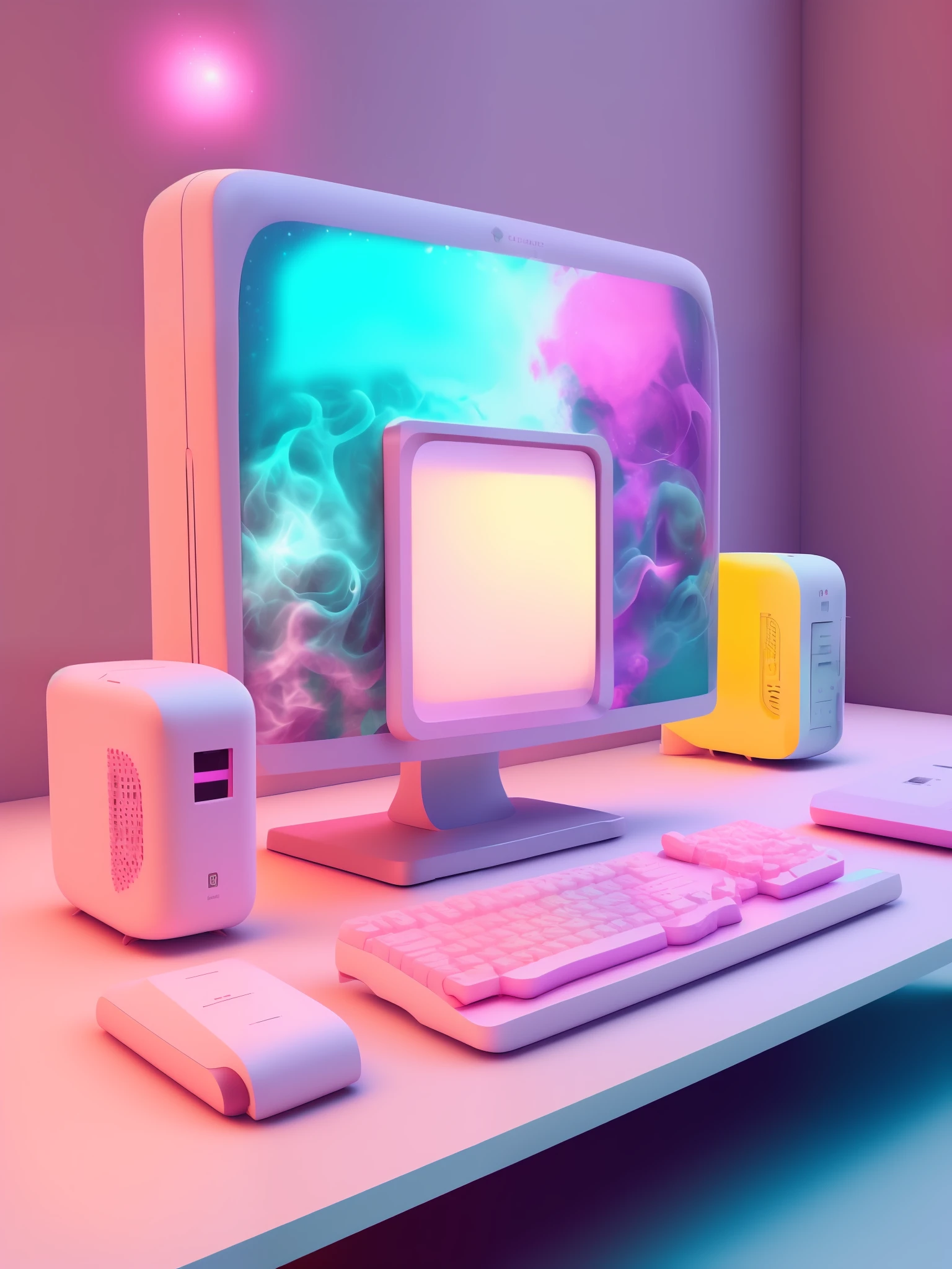 micro、personal computers,  (pink there、blanche、amarelo、Viola)、Cozy pastels、Lighting Particles、Dynamic light effects、Futuristic and incredibly detailed、Hyper-Resolution