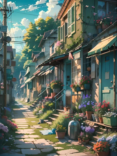 Very cozy little place, surrealism, (Makoto Shinkai anime: 0.4), dilapidated old houses on city streets, home wiring, outdoors, sky, clouds, daytime, landscapes, trees, blue sky, buildings, signs, wires, railings, Wide shot, telephone poles, town, wilderne...