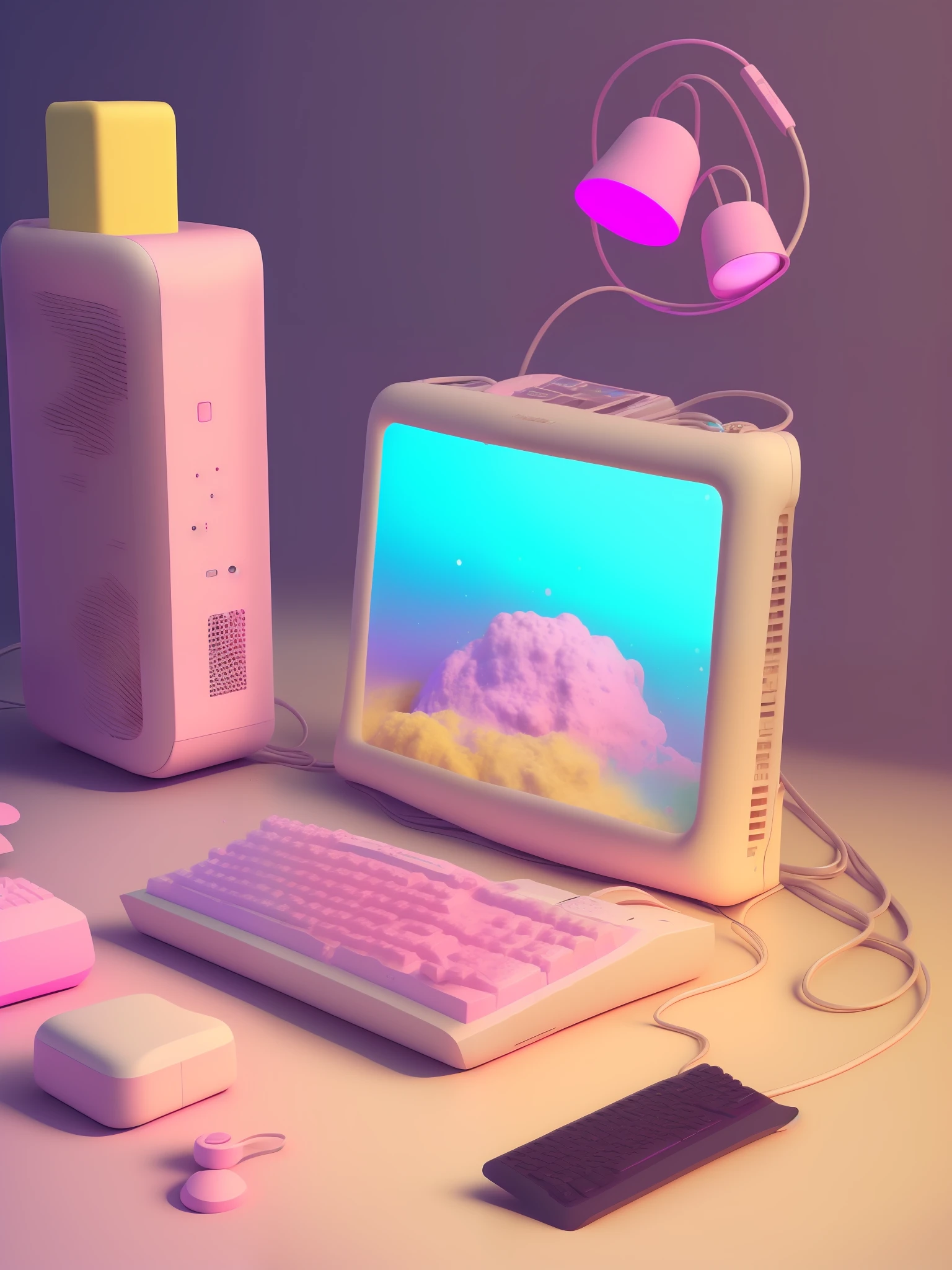 micro、personal computers,  (pink there、blanche、amarelo、Viola)、Cozy pastels、Lighting Particles、Dynamic light effects、Futuristic and incredibly detailed、Hyper-Resolution