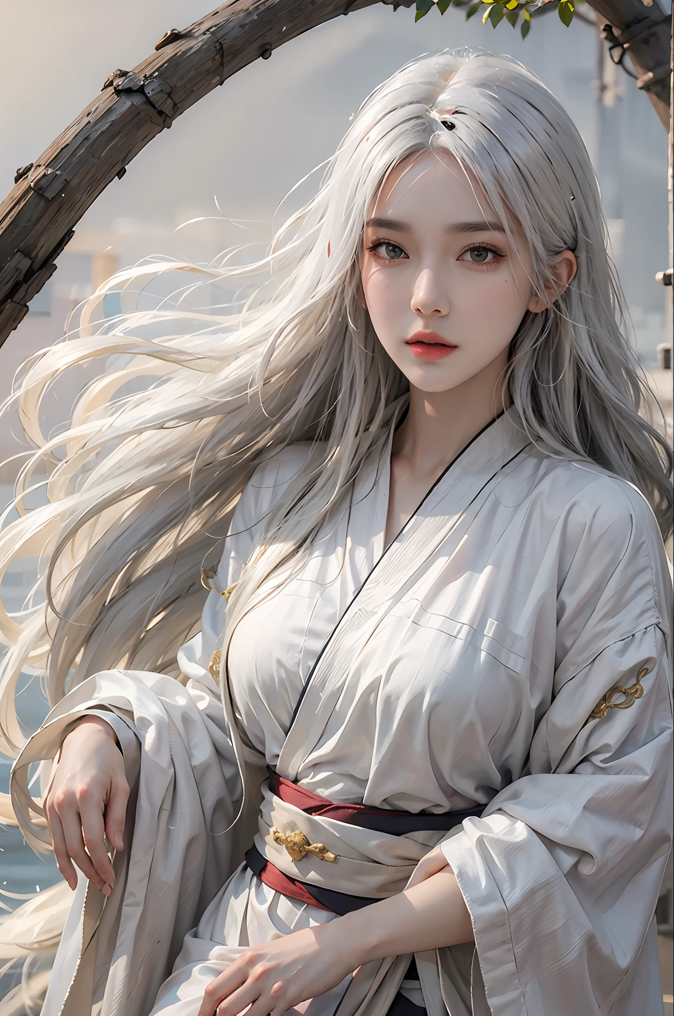photorealistic, high resolution, 1women, solo, hips up, look at viewer, (detailed face), white hair, long hair, Taoist robe,oversized clothes