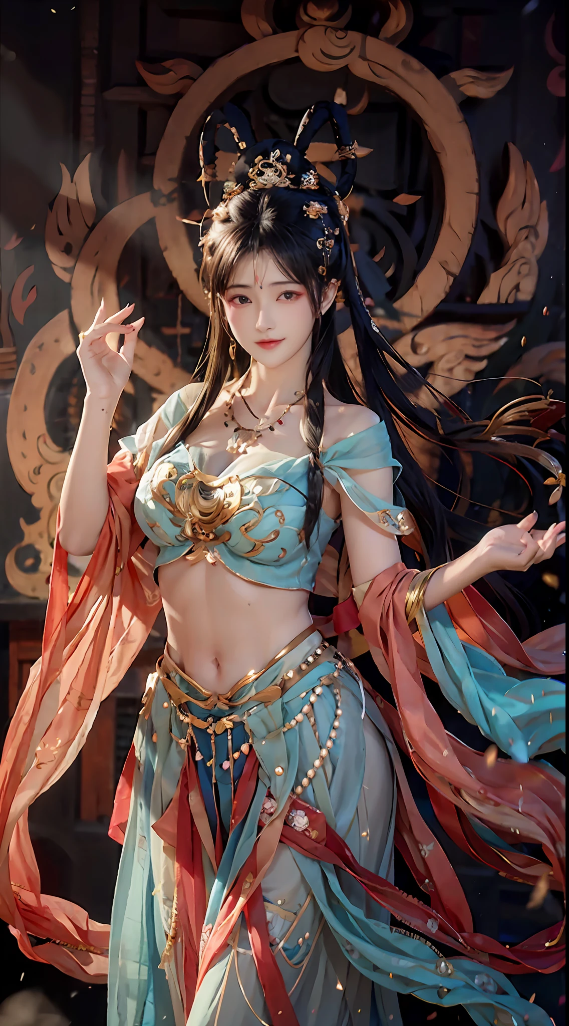 Bust photo, A beautiful woman, Messy hair, Girly, Symmetrical bun, Hair accessories, jewelry, Delicate face, navel, belly, Dunhuang style, A lot of streamers, Delicate skin, Soft light effects, Delicate and smooth hair, Delicate details, eyes highlights, Fair skin, Fine portrayal, extreme hight detail, Cinematic quality, Thin, Slender, Broken, Hair details, Thin bangs, Shawl hair, right body, black shadows, Air bangs, 8K, Super fine, Fine fabric texture, soft, Supple, Smooth texture, Dunhuang style, Delicate pattern, correct hand painting, Smile, tsurime, surrealism, Ray tracing, hyper HD, High details, Super detail, A high resolution, 8K, Yes, High quality, High details, Textured skin, ccurate,dunhuang_cloths,1girll,Moyou,dunhuang_Style,dunhuang