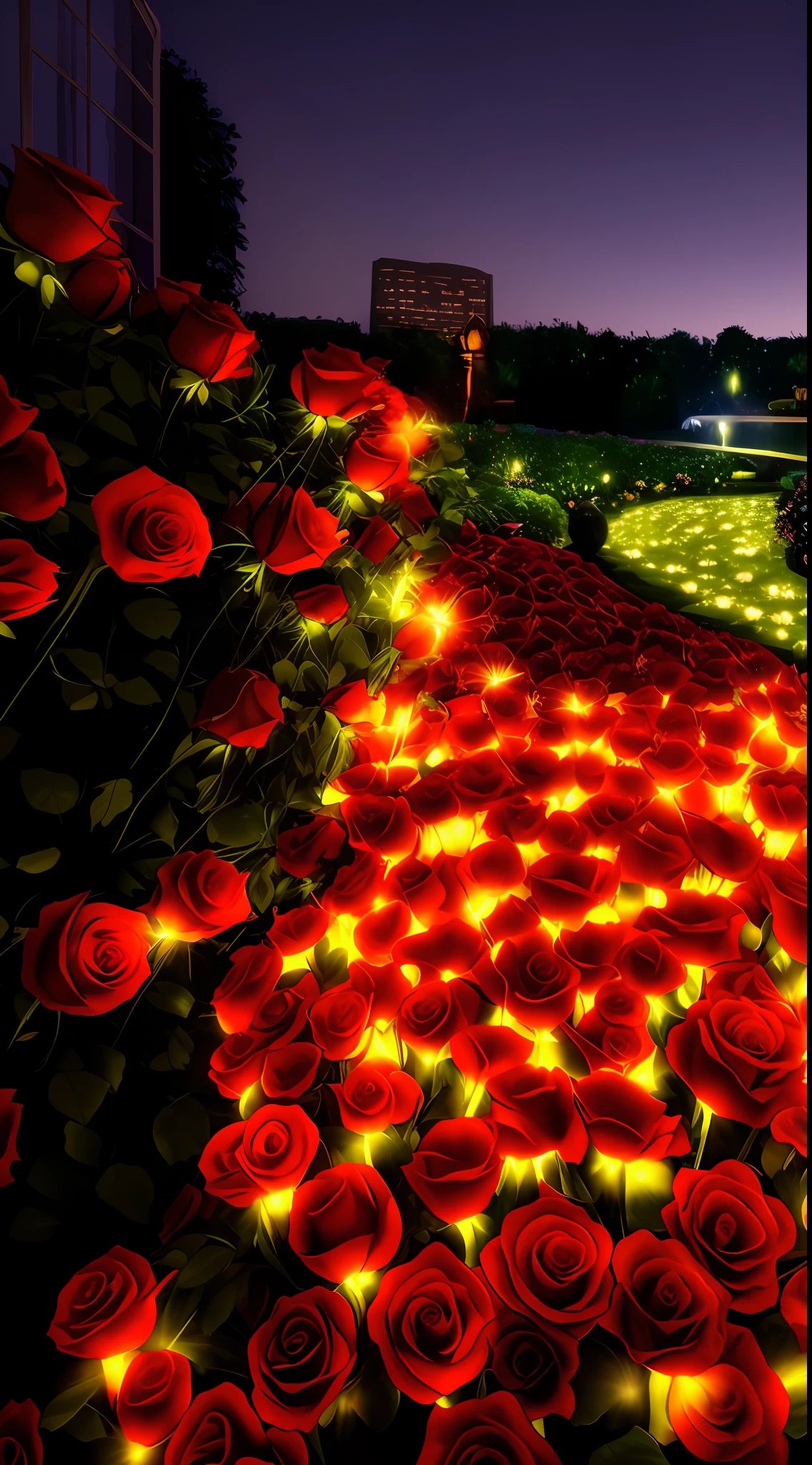 A close up of a bunch of red roses with lights - SeaArt AI