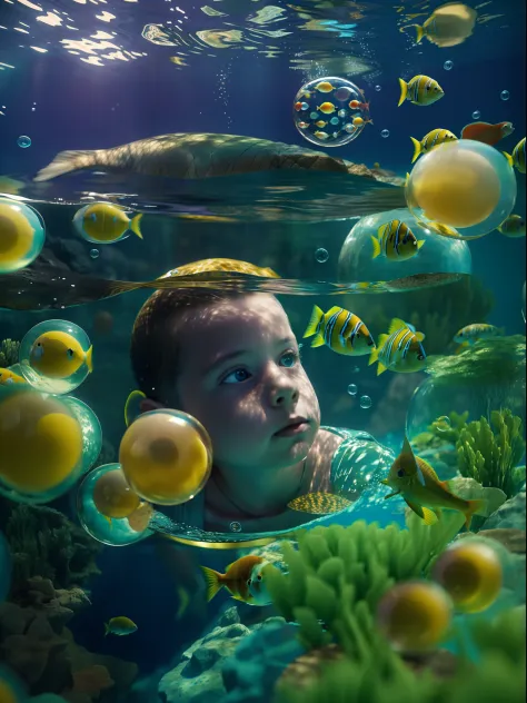n underwater scene where fish swim, in the style of Rene Magritte, A kid watches in wonder from his bubble, Colorful bubbles, Close-up shot of the kid amidst this surreal scene, Rendered by Alec Soth with unreal engine 5, Luminism, cinematic lighting, reti...