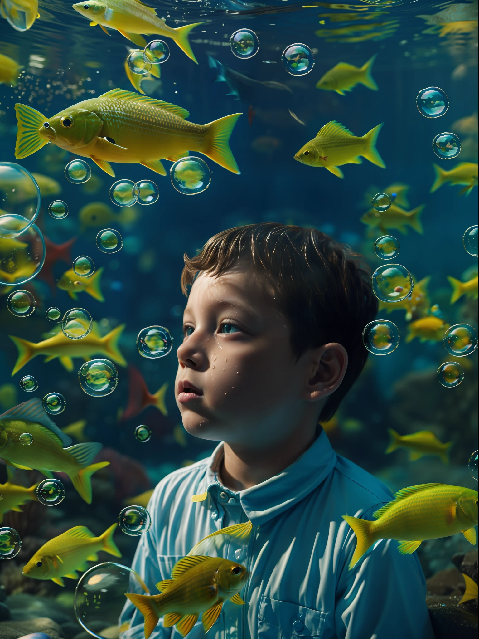 Eine Unterwasserszene, in der Fische schwimmen, im Stil von René Magritte, Ein Kind schaut verwundert aus seiner Blase zu, bunte Blasen, Nahaufnahme des Kindes inmitten dieser surrealen Szene, Gerendert von Alec Soth mit Unreal Engine 5, Luminismus, filmische Beleuchtung, Retina, Strukturierte Haut, anatomisch korrekt, beste Qualität, preisgekrönt