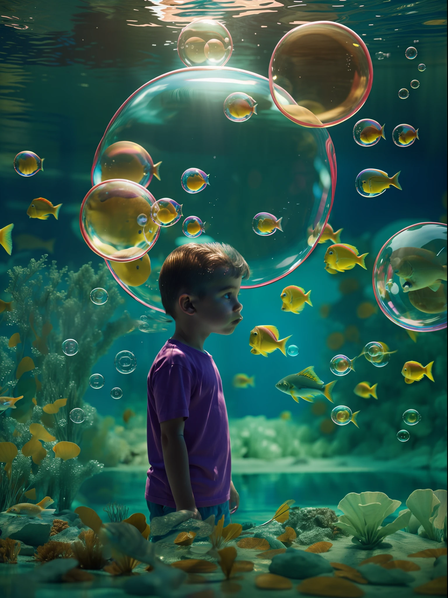 n underwater scene where fish swim, in the style of Rene Magritte, A kid watches in wonder from his bubble, Colorful bubbles, Close-up shot of the kid amidst this surreal scene, Rendered by Alec Soth with unreal engine 5, Luminism, cinematic lighting, retina, textured skin, anatomically correct, best quality, award winning