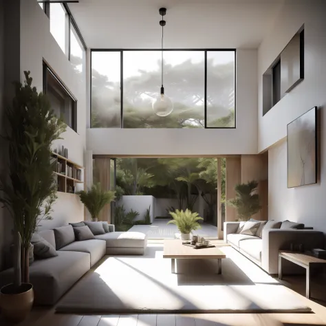 Design de interiores, fotografia de arquitetura de grande angular incrivelmente detalhada, cozy contemporary living room (luz so...