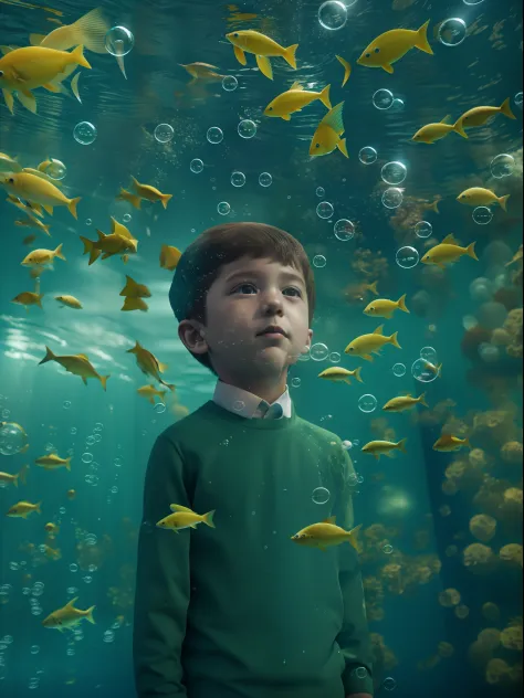 An underwater scene where fish fly and birds swim, in the style of Rene Magritte, A kid watches in wonder from his bubble, Color...