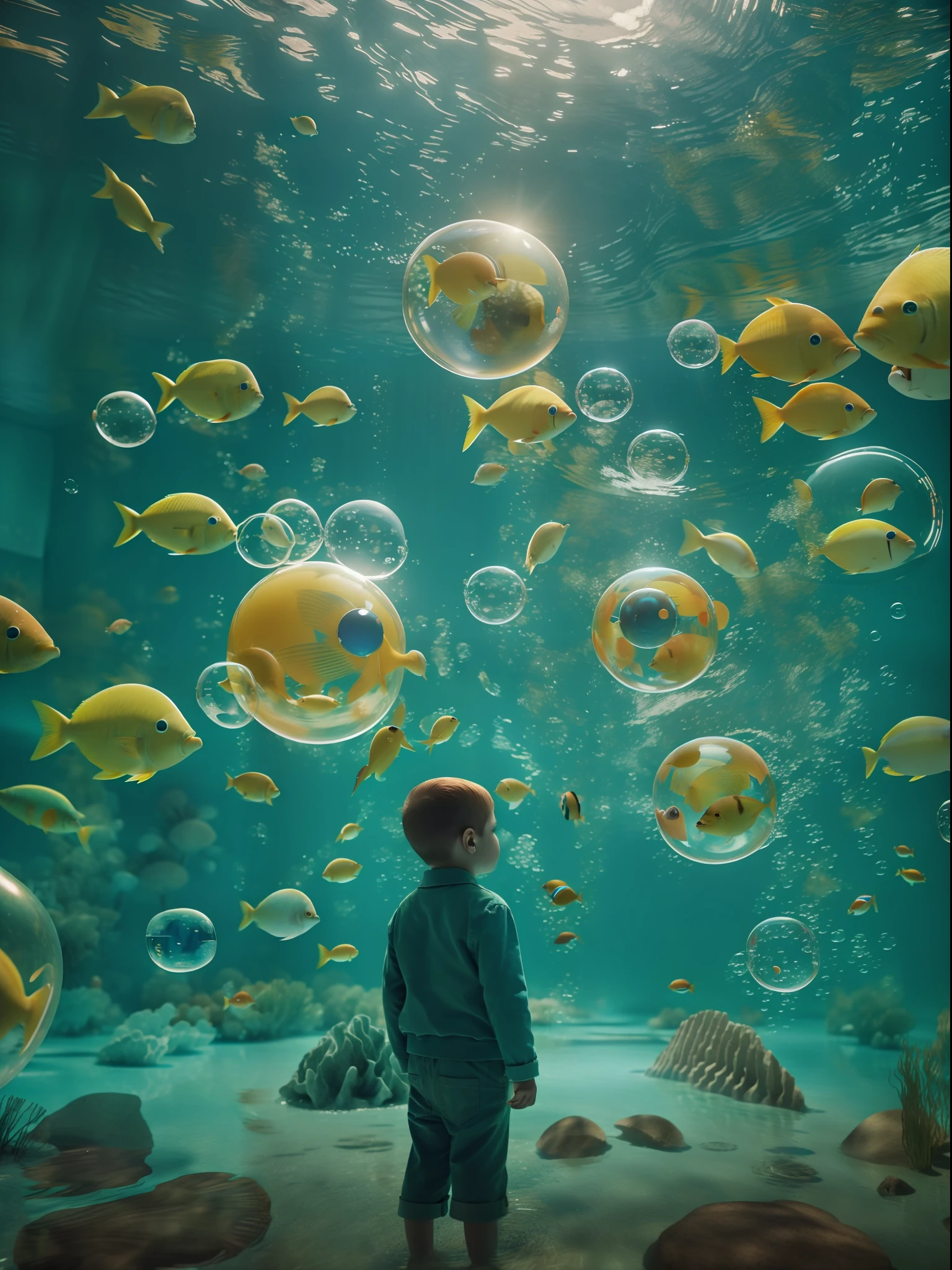 An underwater scene where fish fly and birds swim, in the style of Rene Magritte, A kid watches in wonder from his bubble, Colorful bubbles,Close-up shot of the kid amidst this surreal scene, Rendered by Alec Soth with unreal engine 5, Luminism, cinematic lighting, retina, textured skin, anatomically correct, best quality, award winning