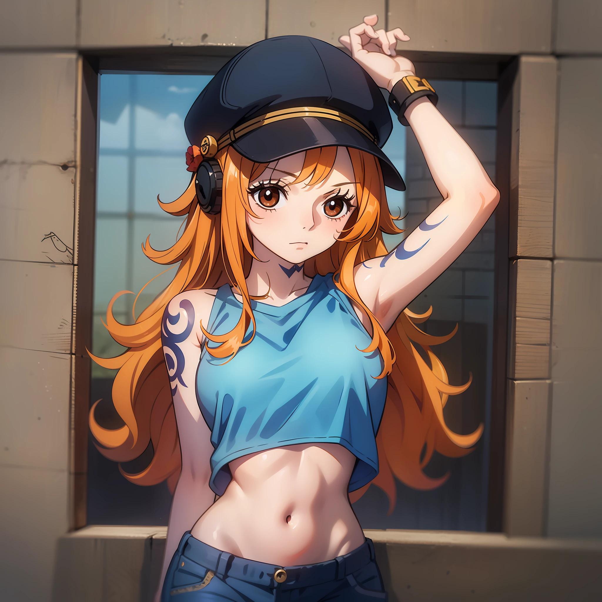 Cute little girl s,round and brown eyes、Orange hair color、Arms tied with strings、A little dark、medium long straight hairstyle、The stomach is tight、Tattoo of a windmill on the left shoulder、Wearing denim、embarrassed from