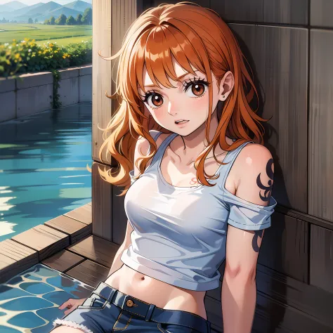 Cute little girl s,round and brown eyes、Orange hair color、A little dark、medium long straight hairstyle、The stomach is tight、Tattoo of a windmill on the left shoulder、Wearing denim and a white T-shirt on top、embarrassed from、Clothes soaked in water