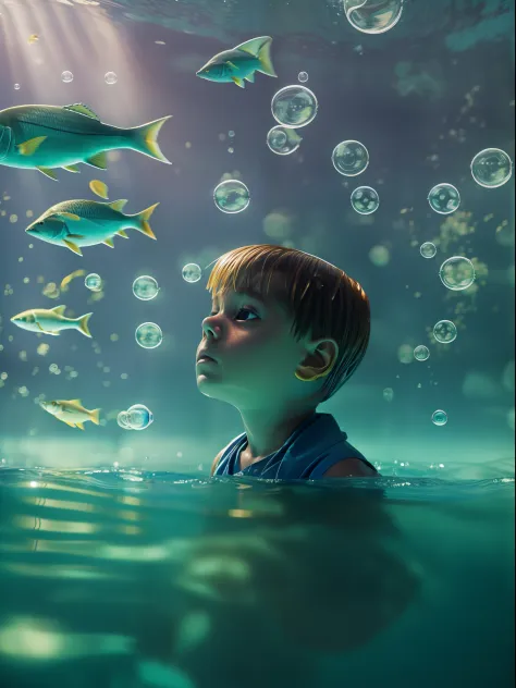 an underwater scene where fish fly and birds swim, in the style of rene magritte, a kid watches in wonder from his bubble, high ...