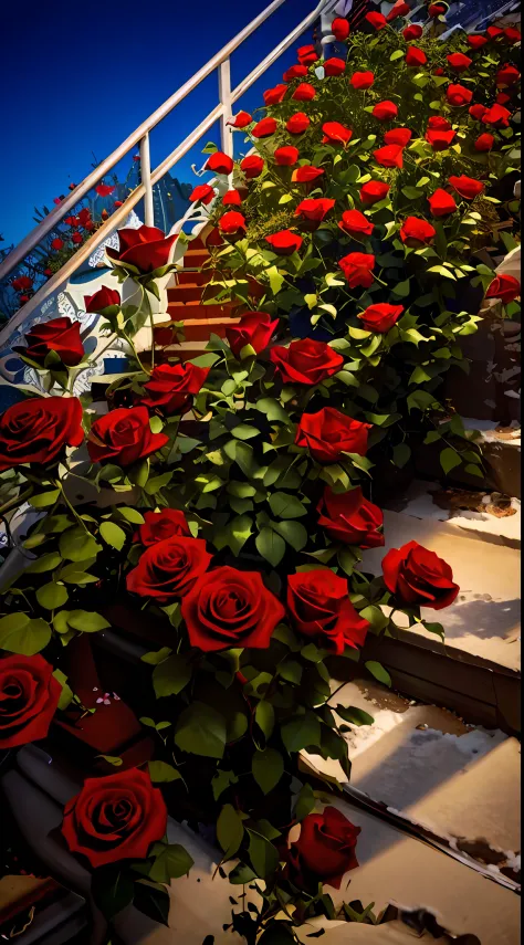 many roses grow on the steps of the building, white and red roses, roses in cinematic light, red roses at the top, a few roses, ...