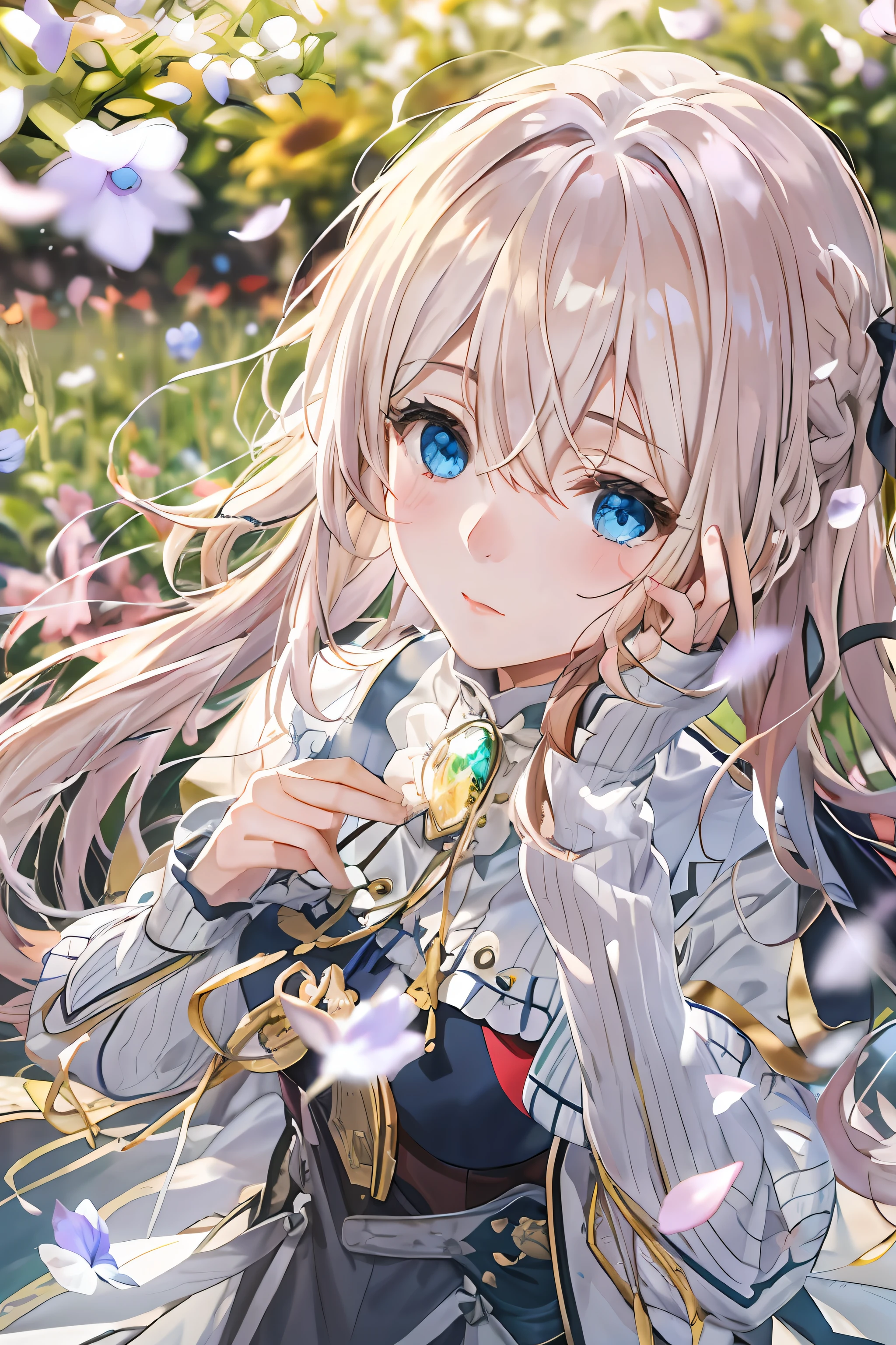 (Dynamic Angle: 1.3), Wind, Movie Highlight, Tyndall Effect, 1 Girl, Upper Body, Arms Up, Look at the Audience, Extreme Close Up, violet_evergarden, Solo, Jewelry, Expressionless, Brooch, blonde_hair, ( Vevry Long Hair: 1.2), messy_hair, Floating hairlong_sleeves, Ribbon, blue_eyes, Jacket, Dress, Gemstone, hair_ ribbon, sky, depth_of_field, flower fields, fluttering petals