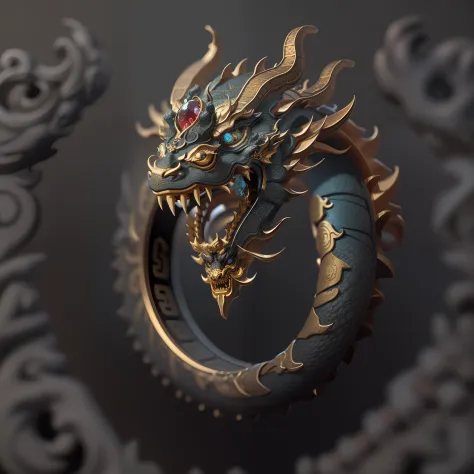 masterpiece, best quality, octane render, hdr,
no humans, simple background, black background, grey background, depth of field, gradient background,
(ring), gold, intricate detail,, (Chinese Dragon body on the ring ),