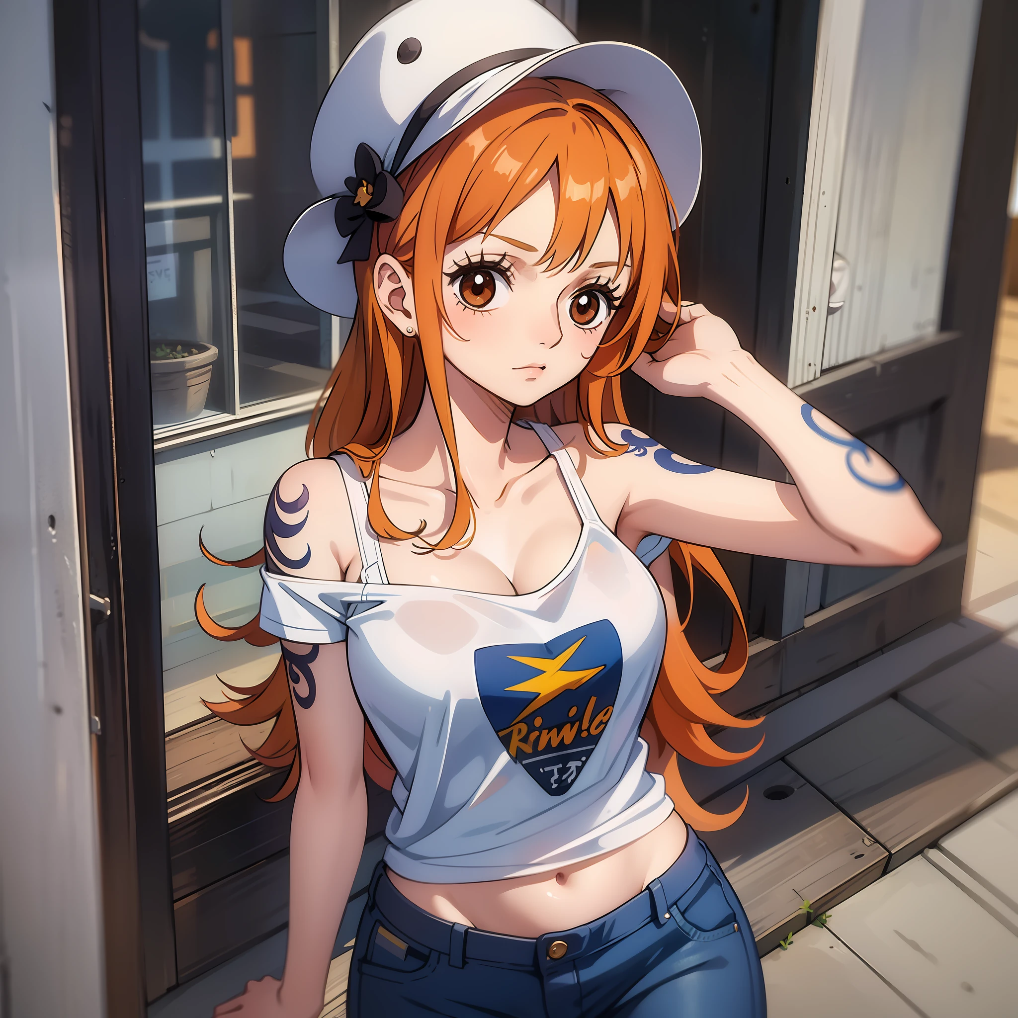 Cute little girl s,round and brown eyes、Orange hair color、no-bra、Medium Long Straight Hairstyles、Tight stomach、Tattoo of a windmill on the left shoulder、Wearing a white T-shirt、Wearing denim、embarrassed from