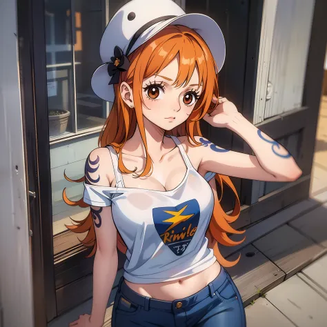 Cute little girl s,round and brown eyes、Orange hair color、no-bra、Medium Long Straight Hairstyles、Tight stomach、Tattoo of a windmill on the left shoulder、Wearing a white T-shirt、Wearing denim、embarrassed from