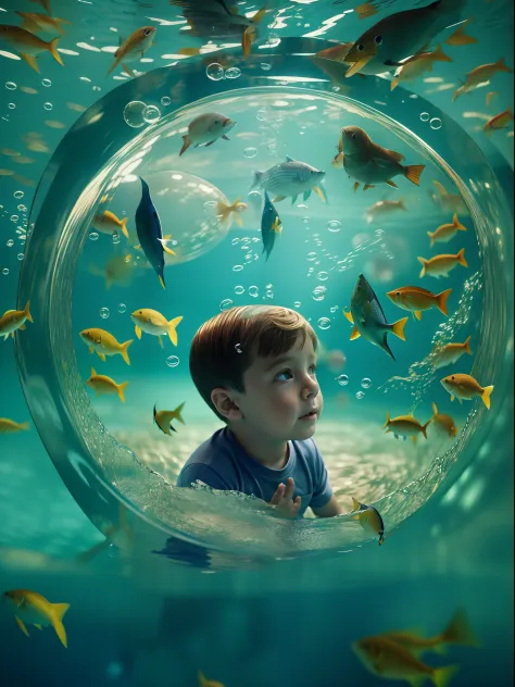 An underwater scene where fish fly and birds swim, in the style of Rene Magritte, A kid watches in wonder from his bubble, High key lighting,Liquid Bismuth,Underwater cave,Close-up shot of the kid amidst this surreal scene, Rendered by Alec Soth with unrea...