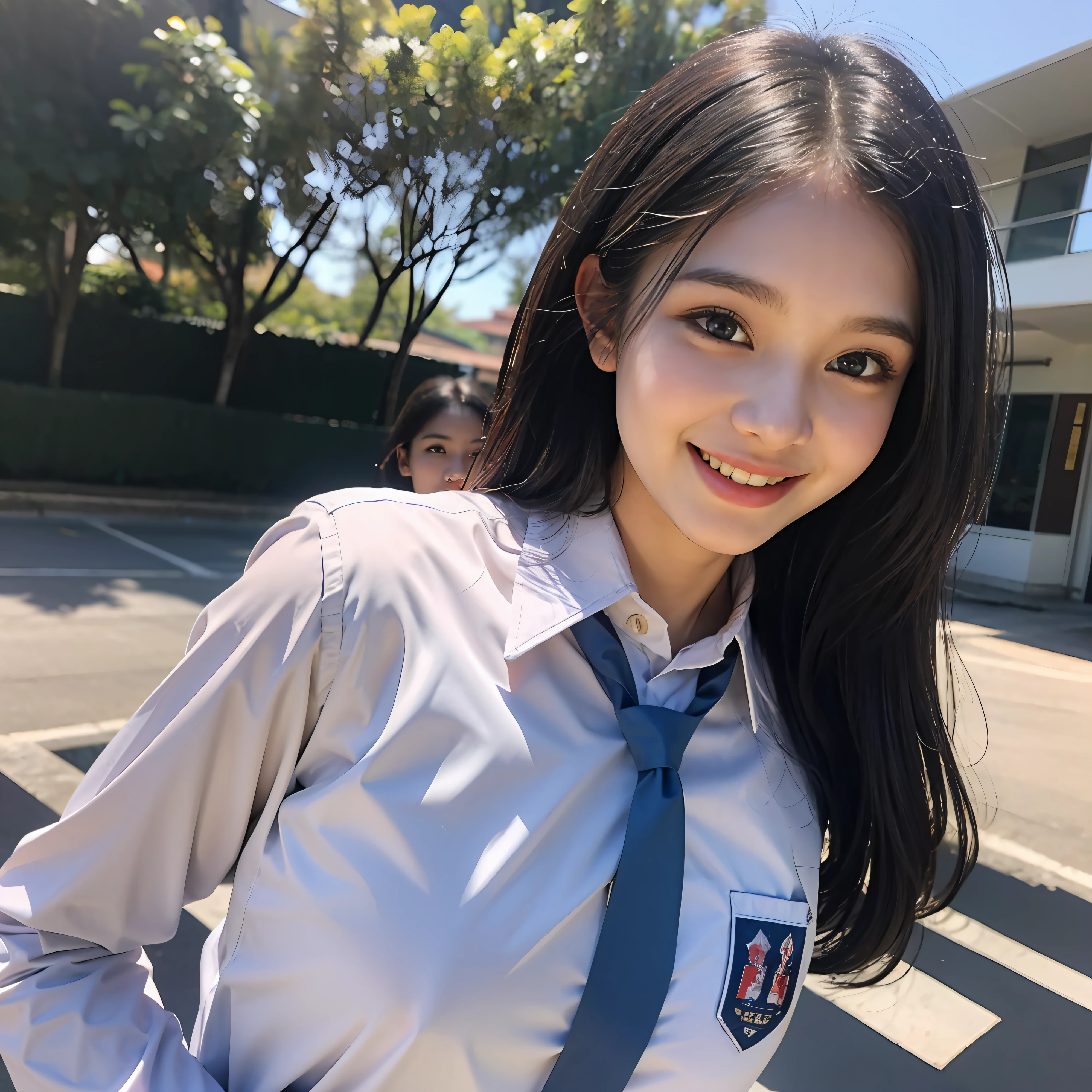 1 chica, (Uniforme de escuela secundaria indonesia), al aire libre, cara detallada, ojos detallados, pechos grandes, piel brillante, mirando a la audiencia, (riendo lindo: 1.2), (feliz), (8k, foto en bruto, mejor calidad, Obra maestra: 1.2), (Realista, Realista: 1.37), resolución ultra alta,manga larga