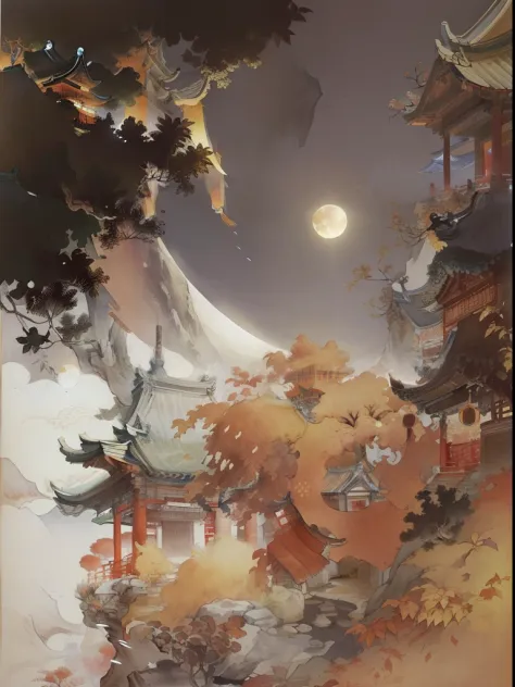 Ancient Chinese landscapes，Ancient buildings，Pavilions，Carved beams and paintings，enchanting scenery，Night，Moon light，Layered, Rich light and shadow,Mid-Autumn Festival, Ink painting style，clean color，Low-saturation colors，Colors of low brightness，Decisive...