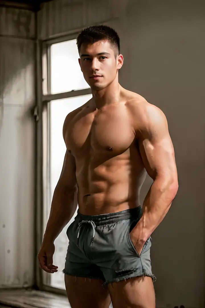 Nick jonas flexing 8 pack abs and huge biceps on Craiyon