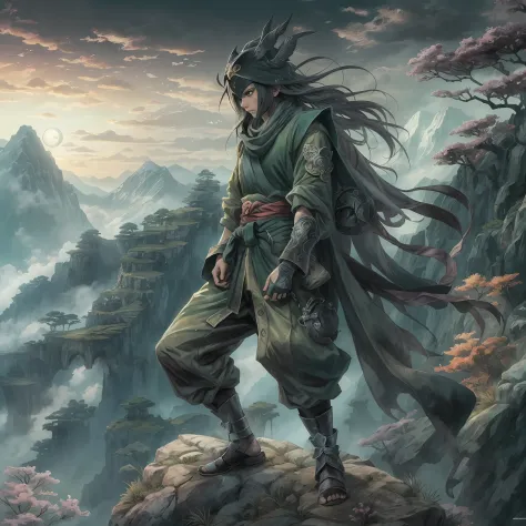 mystic ninja，detailed face，detailed eyes，clear eyes，gui zen，exotic beasts of mountains and seas，dark green and black details, lo...