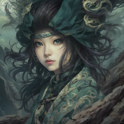 mystic ninja，detailed face，detailed eyes，clear eyes，gui zen，exotic beasts of mountains and seas，dark green and black details, lo...