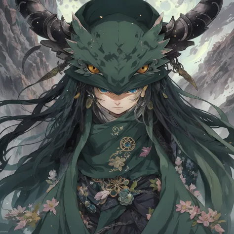 mystic ninja，detailed face，detailed eyes，clear eyes，gui zen，exotic beasts of mountains and seas，dark green and black details, lo...