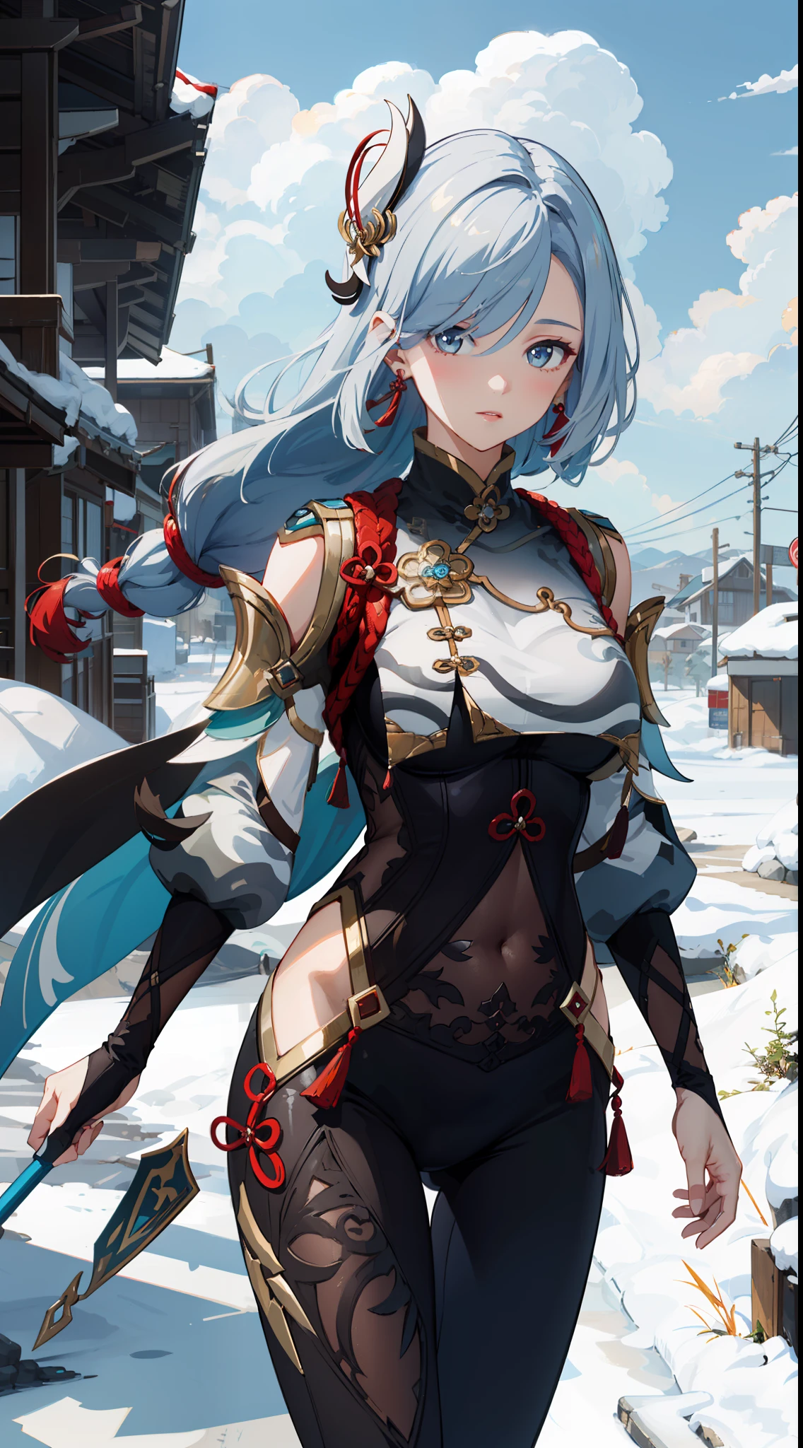 shenhedef, upper body, seductive look, blush, outdoors, snowflake scenery, looking at viewer, cloudy, moody lighting, (perfect detail eyes:1.2), glowing eyes, (long hair one braid:1.2), elemental skill effect, (Masterpiece, Best Quality, High Quality:1.4), professional artwork, Intricate Details, field of view, sharp focus, detailed painting, photorealistic lighting, trending on pixiv, (vivid lighting, vibrant colors:1.05), realistic shadows, ambient occlusion, (athletic body:1.3), mature woman, 30yo,