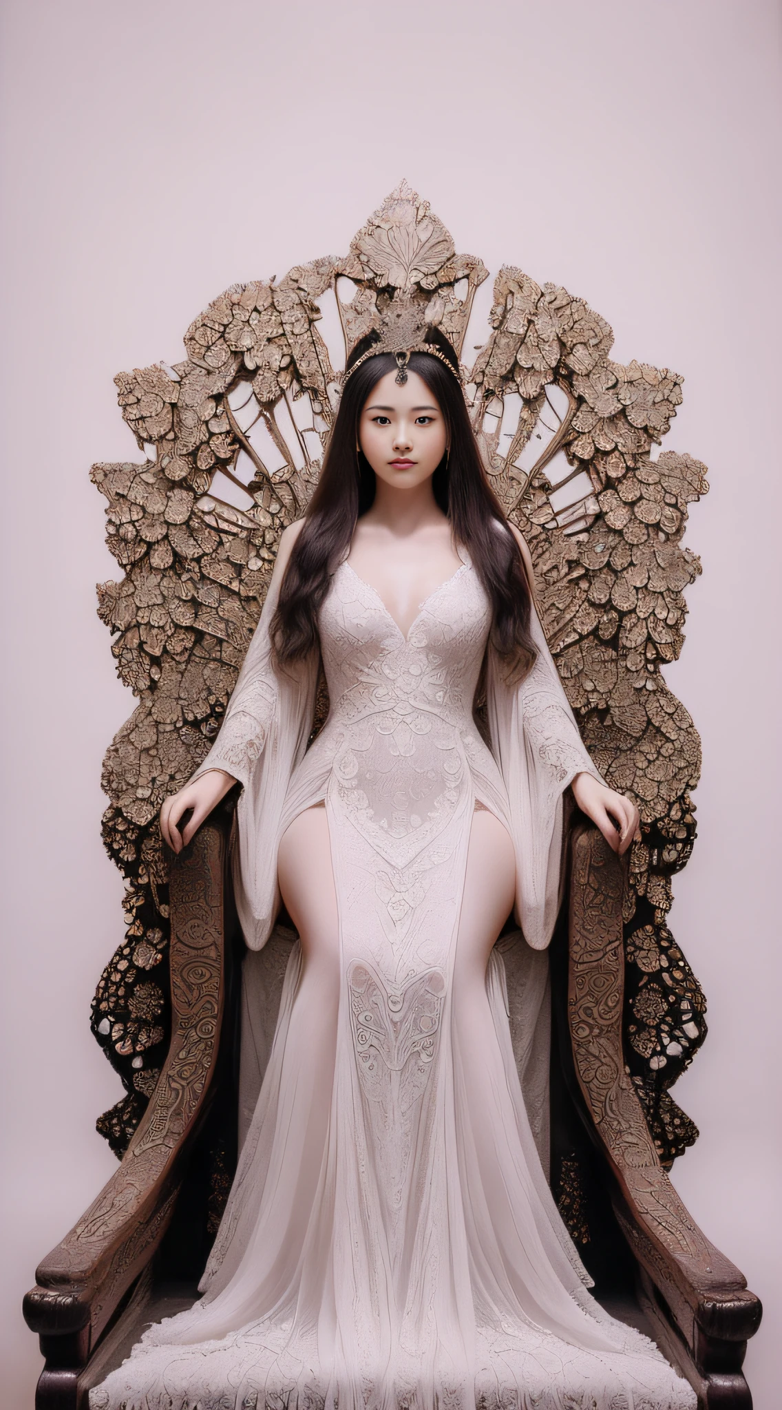 (a beautiful masterpiece fullbody portrait of ancient chinese 19 year old goddess:1.4) (lady of beauty and charm:1.3) (sitting on a masterful fractal designed long throne, simple white background, 3 point lighting, breathtaking intricate detailed majestic glong fractal gown:1.3) (queen of heaven, posing on the chair, dynamic enchanting hair:1.3) (masterpiece, 8k, centered wallpaper, perfection:1.2)
