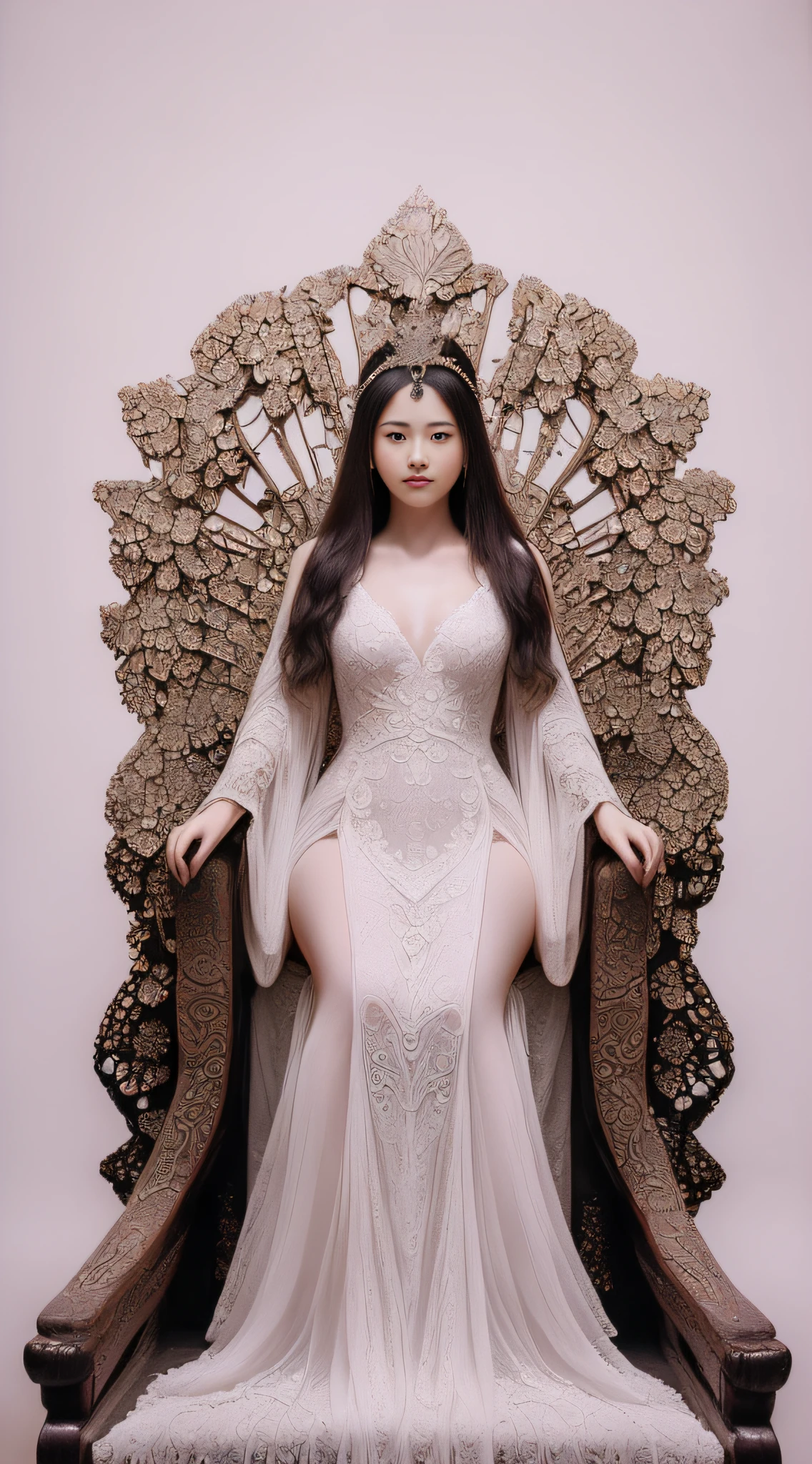 (a beautiful obra de arte fullbody portrait of ancient chinese 19 year old goddess:1.4) (senhora de beleza e charme:1.3) (sentado em um fractal magistral projetado longo trono, fundo branco simples, iluminação de 3 pontos, vestido fractal glong majestoso detalhado e de tirar o fôlego:1.3) (rainha do céu, posando na cadeira, cabelo encantador dinâmico:1.3) (obra de arte, 8K, papel de parede centralizado, perfeição:1.2)