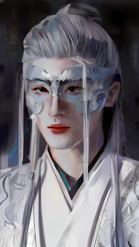 Similar to the original image，A male god wearing an anime-style costume，White mask，Gray hair，The lips are red and the teeth are ...