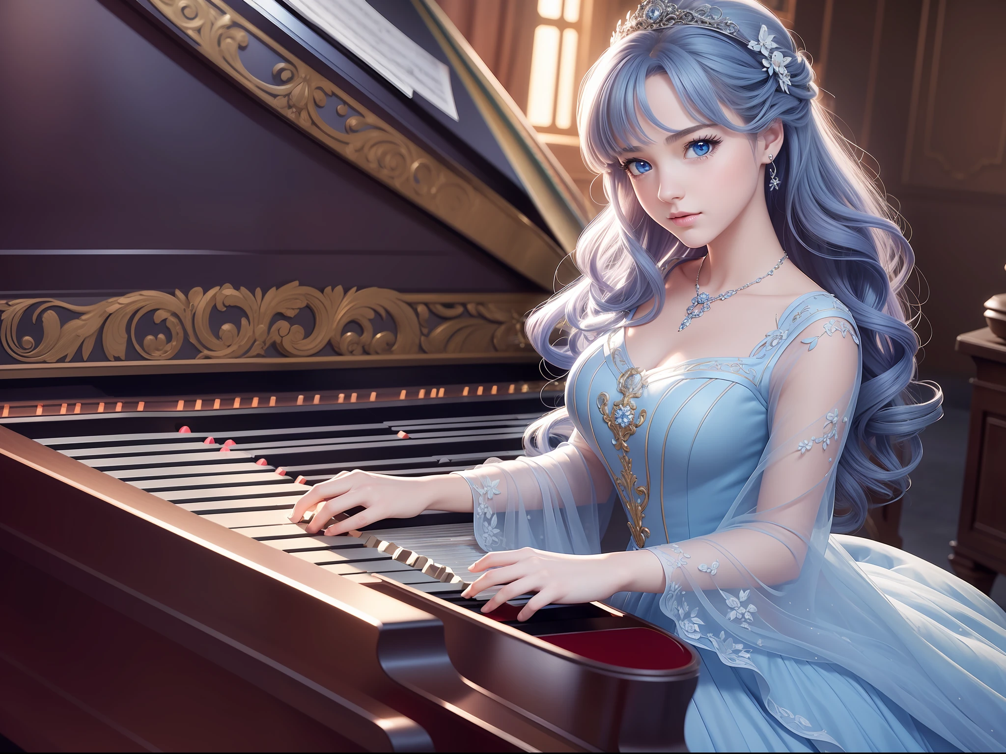 masterpiece, best quality, 1girl, digital painting, HDR, Pixar style Painting, foreshortening, extremely detailed 8K, high resolution, ultra quality, modern disney style, Anastasia, (((playing piano))) while sitting on piano bench, looking at hands, (symmetrical pretty face), (intricate, highly detailed), deep purple wavy hair, (matching greyish-blue eyes), perfect symmetry, ornate dress. --auto